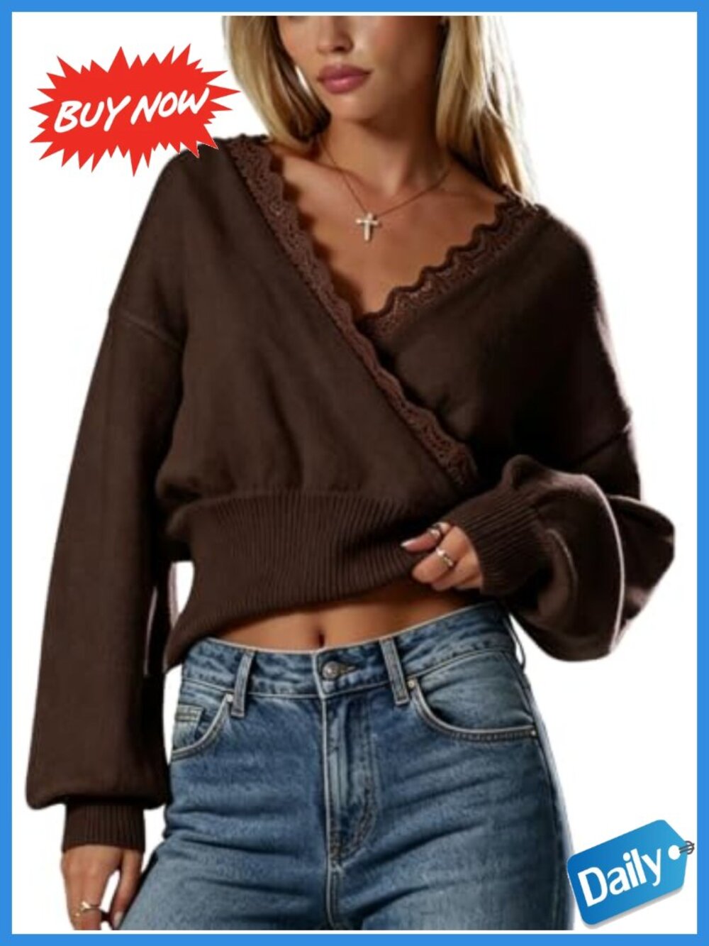 Wrap Sweater Cinched Waist V Neck Long Sleeve Lace Knit Pullover
